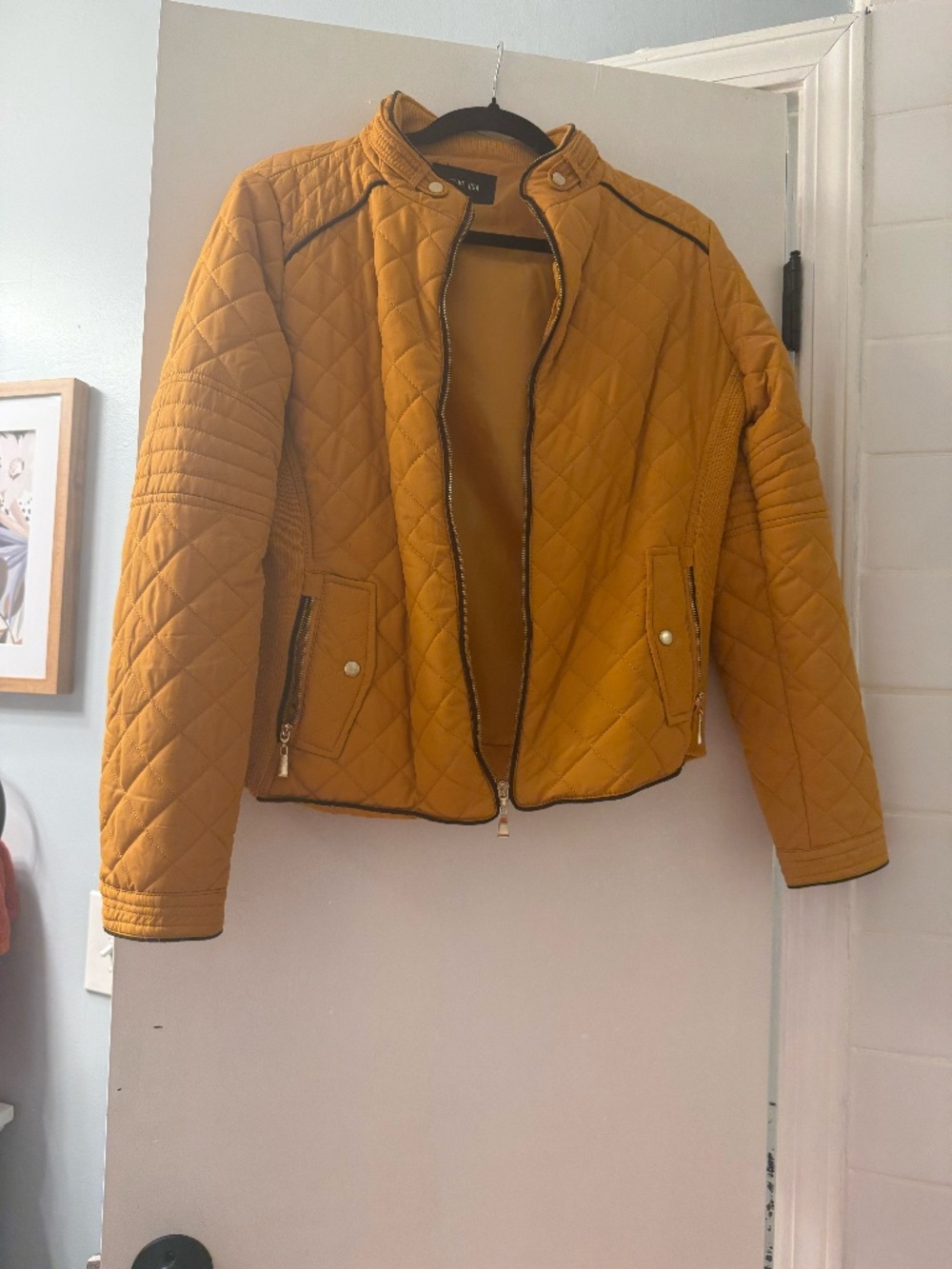 Mustard Yellow Quilted Moto Bomber Jacket Size Large L